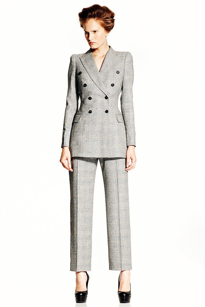gray tailored suit with heels