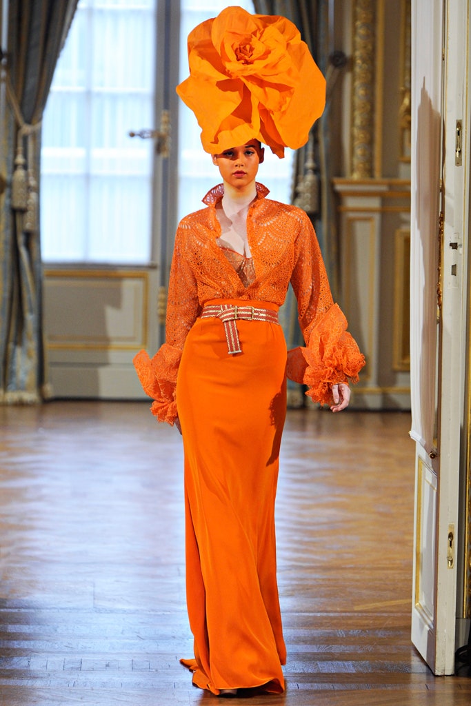 orange lace long-sleeve collared fitted ruffled blouse