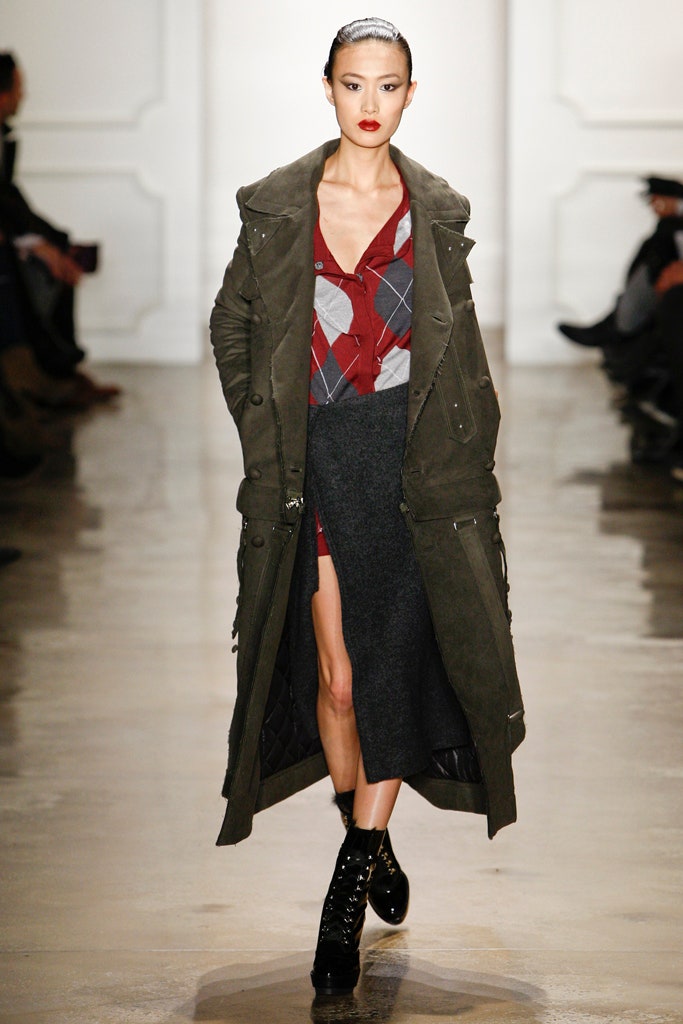 green wool coat with red dress