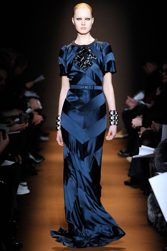 blue silk fitted gown
