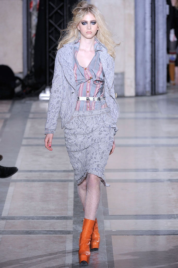 gray fitted jacket with midi skirt
