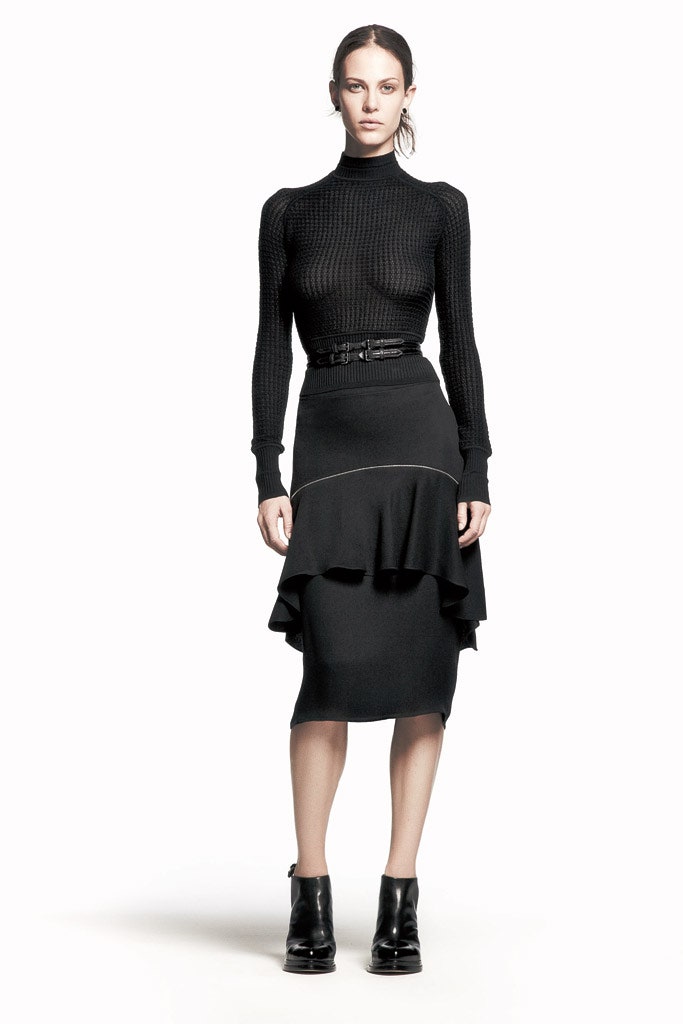 black wool fitted high-waisted flared tiered midi skirt