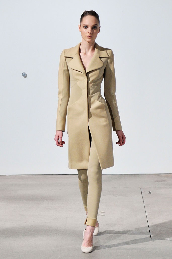 beige fitted coat and pants