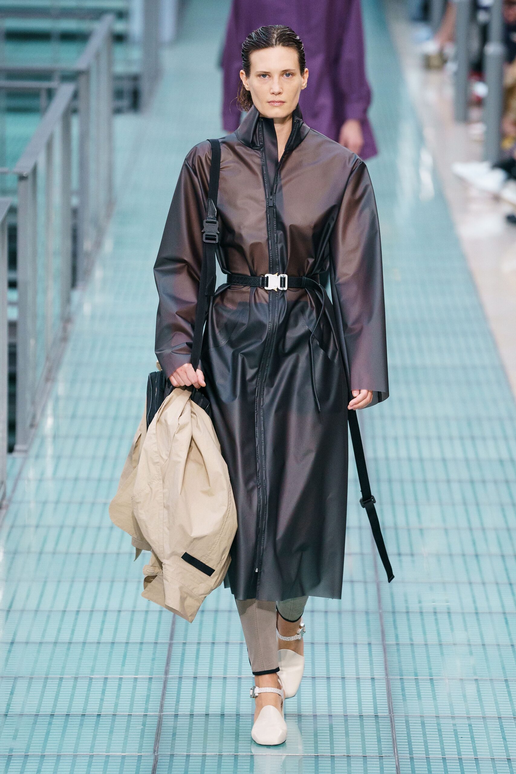 black vinyl long-sleeve collared fitted zippered belted coat