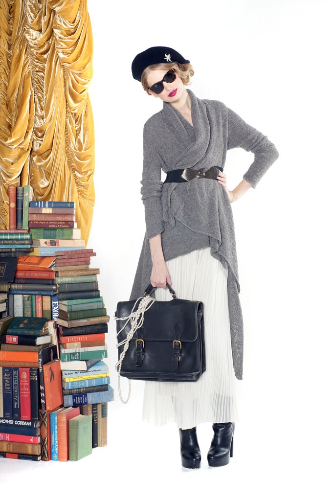 gray wool cardigan and white pleated skirt
