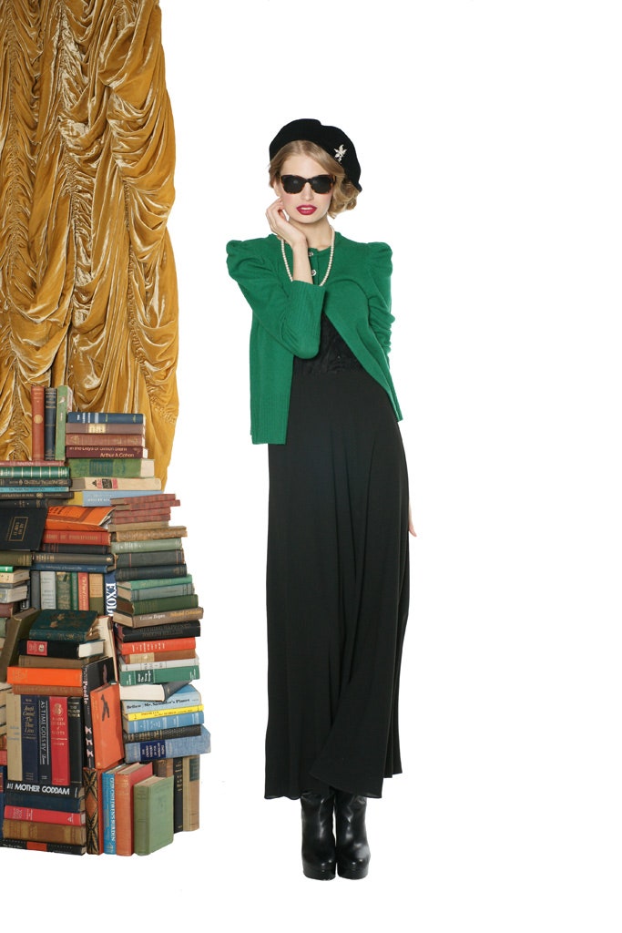 black maxi dress with green jacket