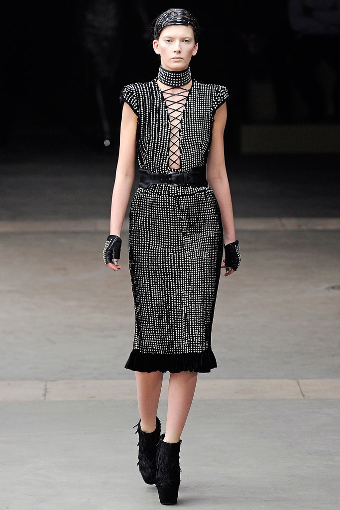 black fitted midi dress with gloves