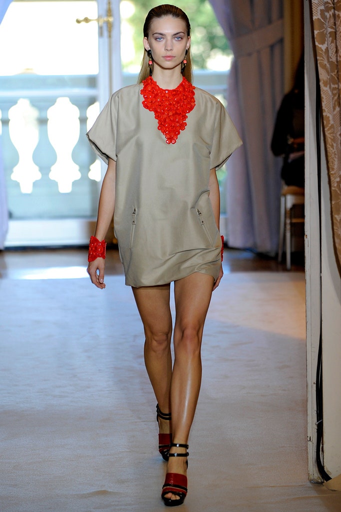 beige relaxed dress with red embellishments