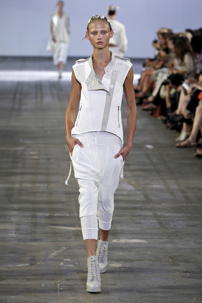 white fitted jacket with relaxed pants