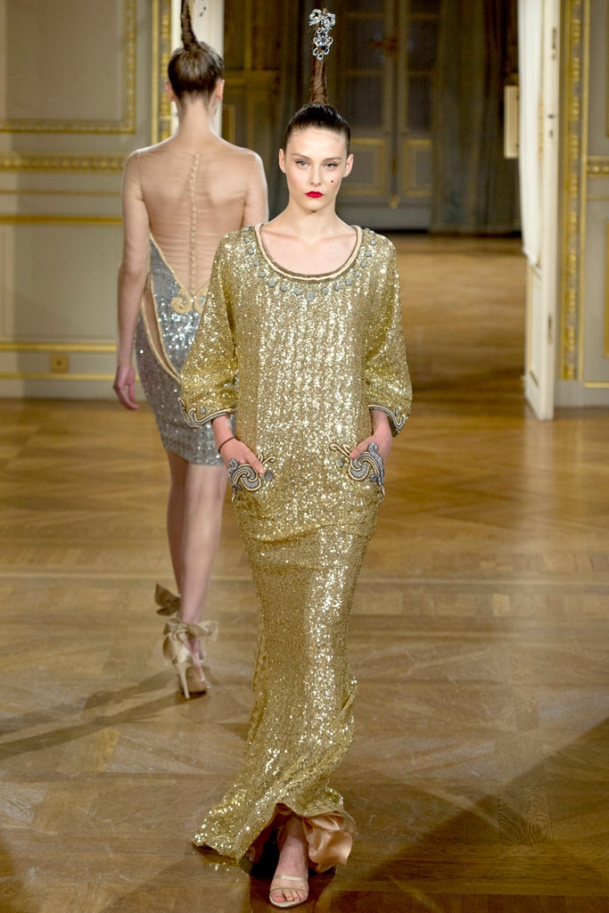 gold sequin long-sleeve v-neck fitted pockets draped gown