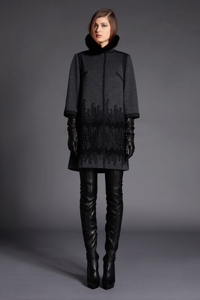 gray wool short-sleeve collared fitted fringed embroidered coat