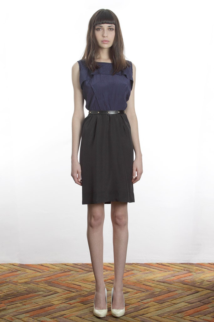 blue and black pleated mini dress