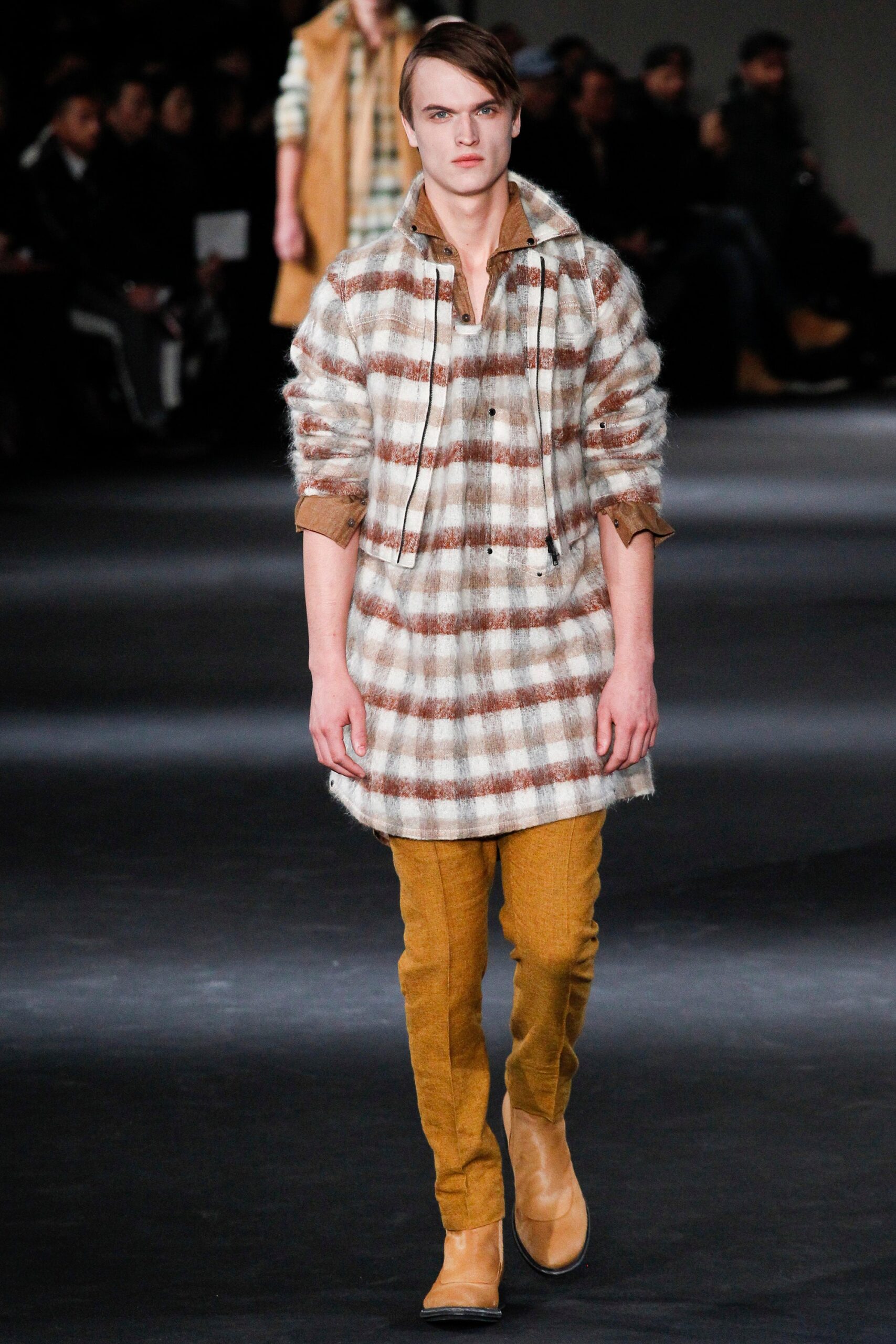 brown checked top with yellow pants