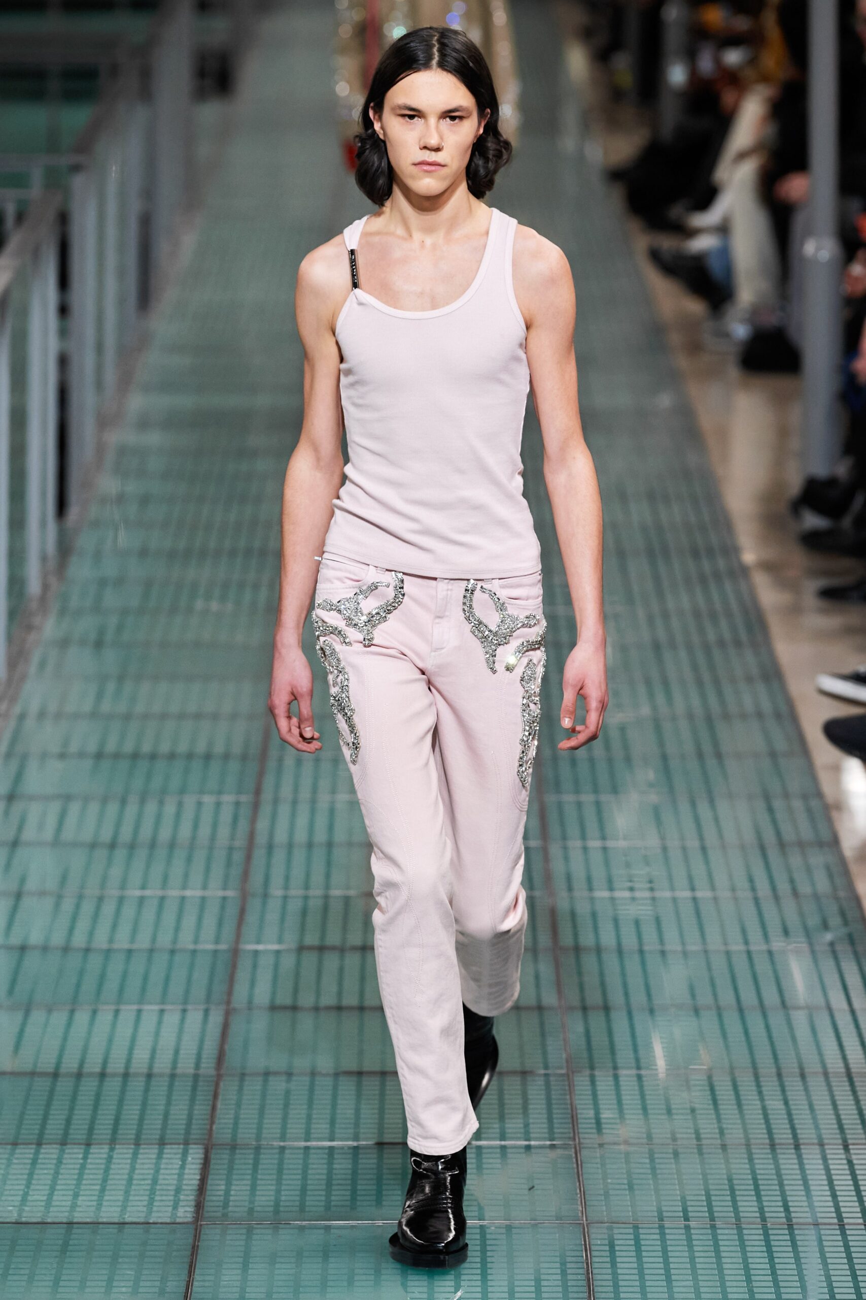 pink fitted tank-top and slim pants