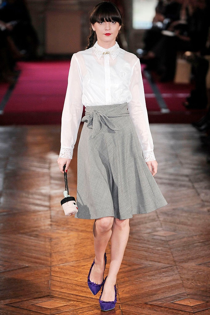 white shirt gray pleated skirt