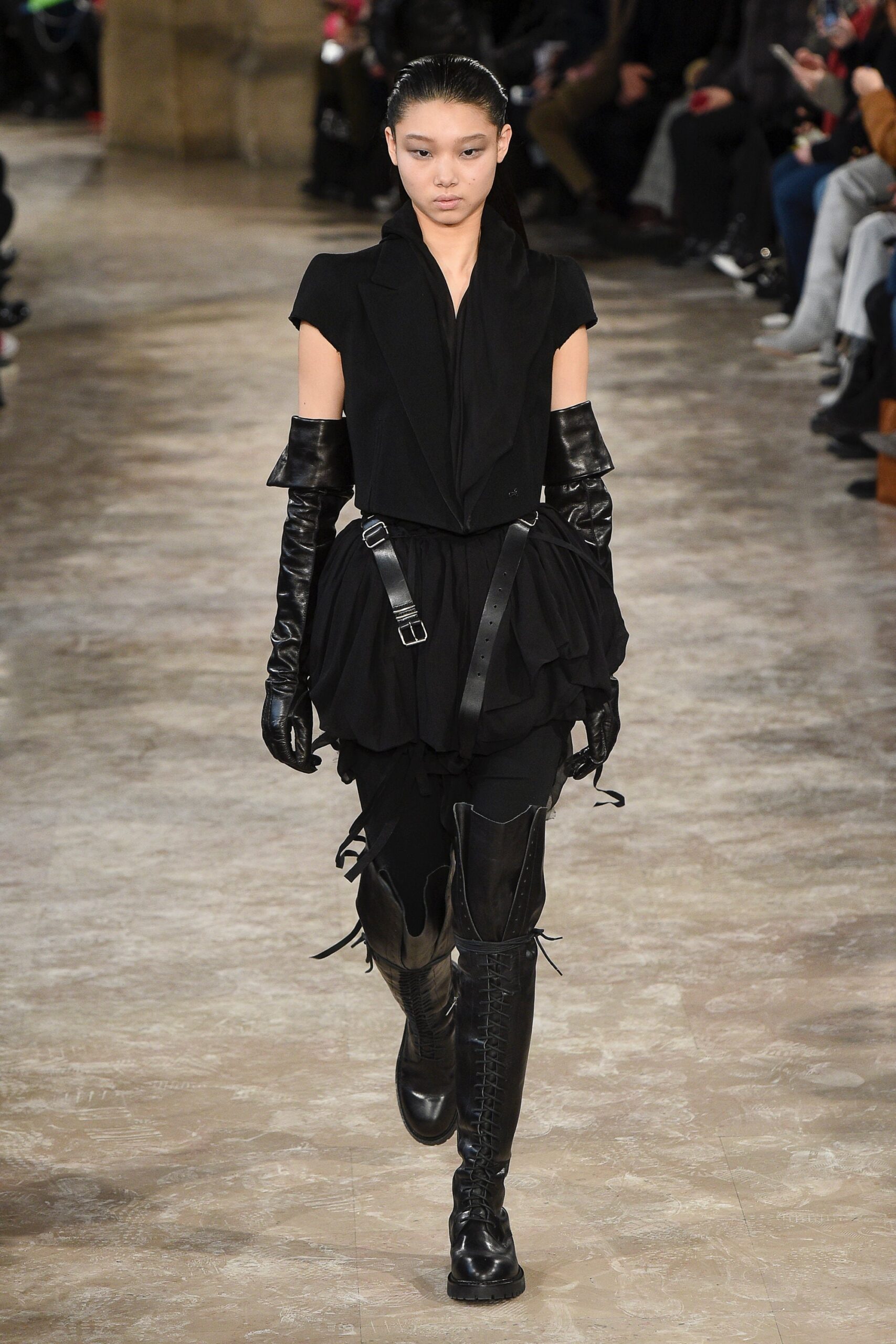 black ruffled mini dress with boots