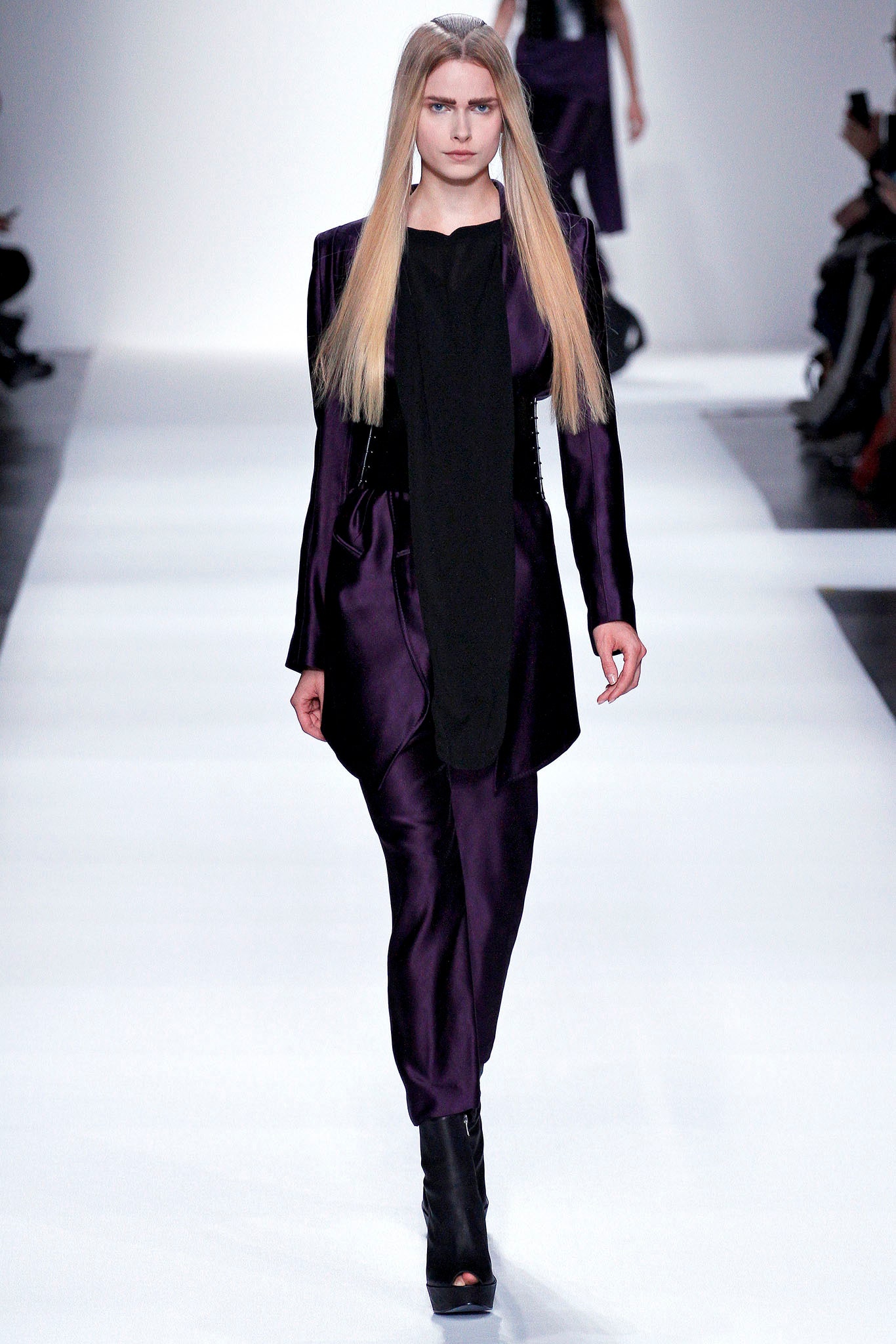 fitted purple silk midi dress