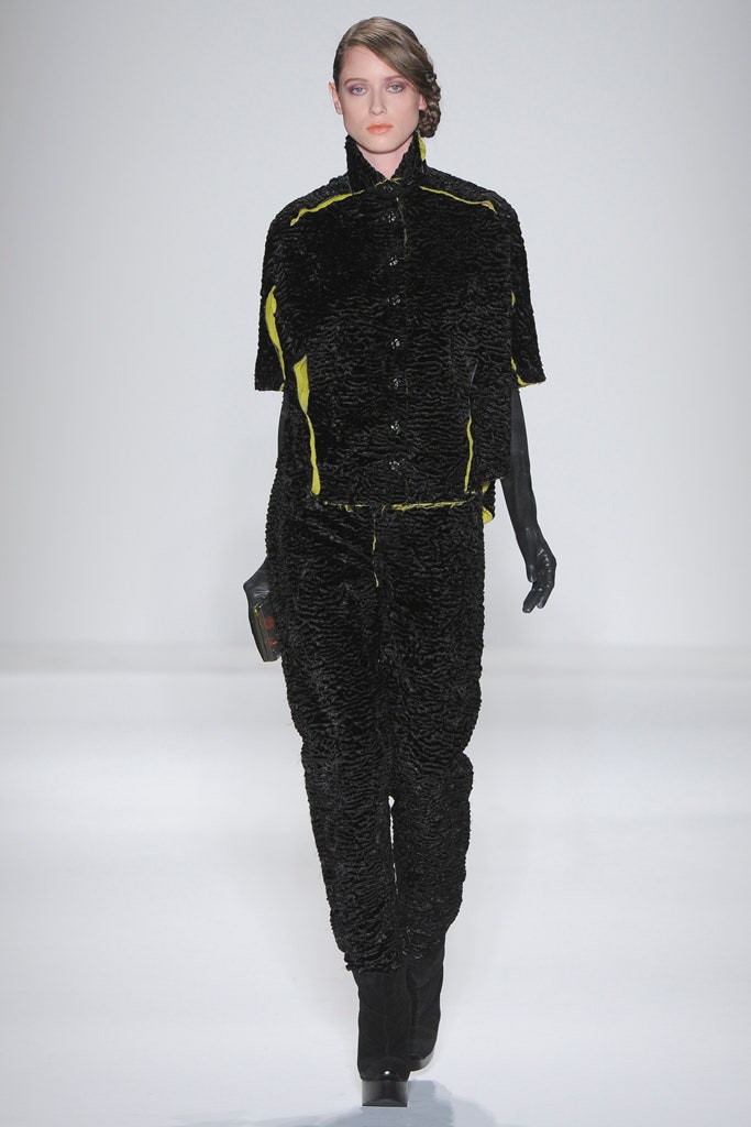 black faux-fur jacket and pants