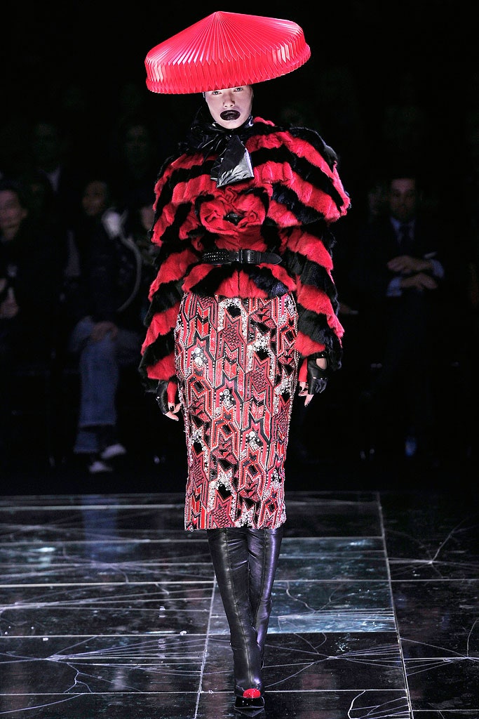 red and black layered coat with pencil skirt