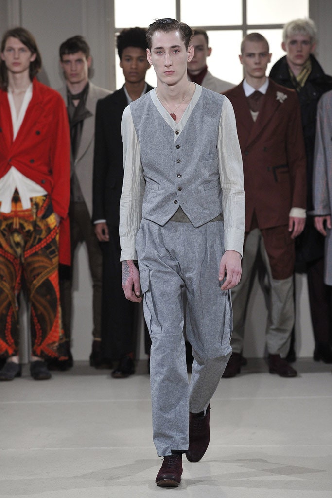 gray fitted suit with cargo pants