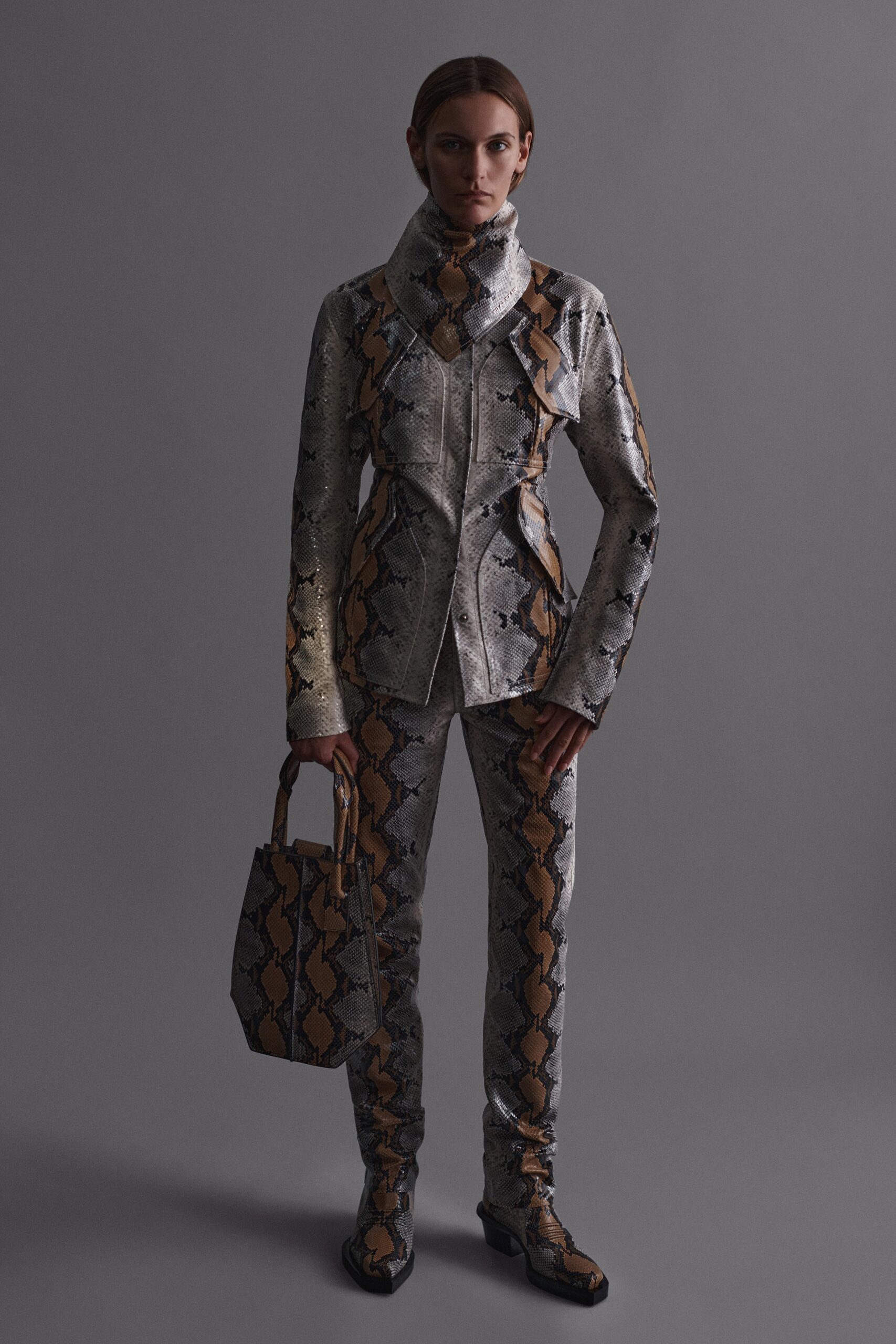 gray leather fitted straight-leg printed pants