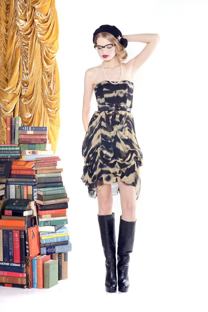 black and beige pleated mini dress