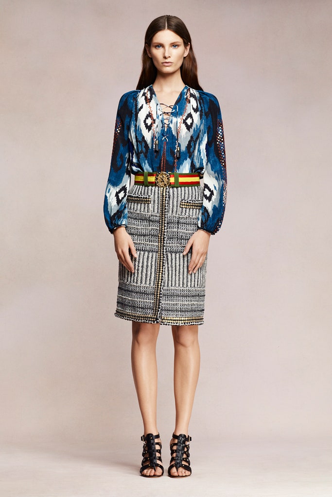 blue silk blouse and pencil skirt