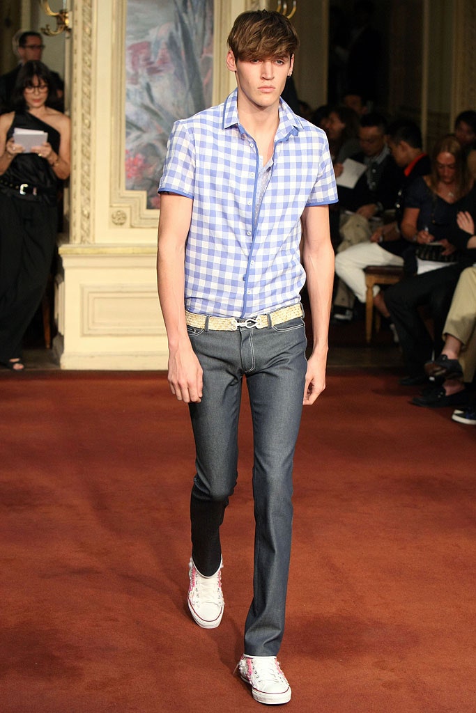 blue checked shirt with gray pants