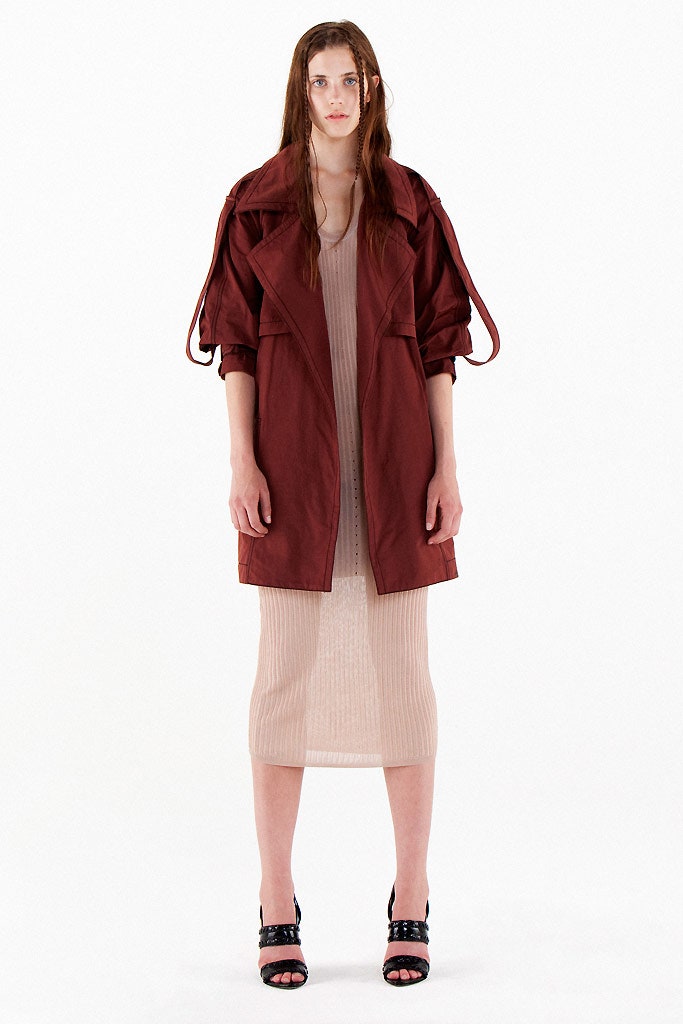 red cotton long-sleeve collared relaxed buttoned coat