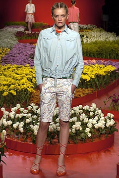 light blue denim jacket with printed shorts