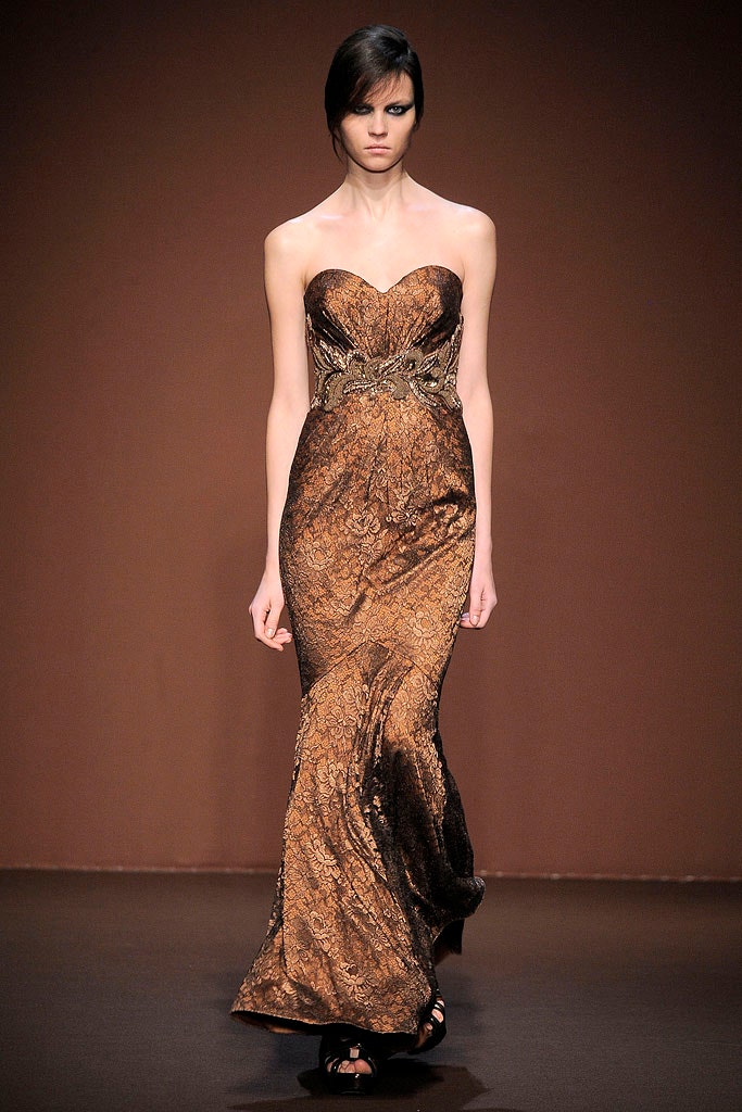 brown silk strapless gown