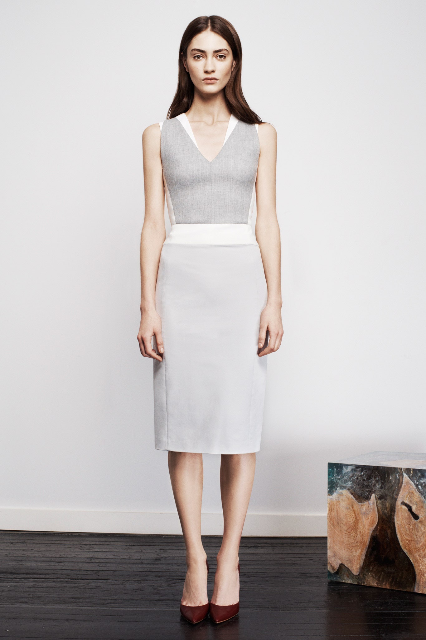 fitted gray and white midi dress