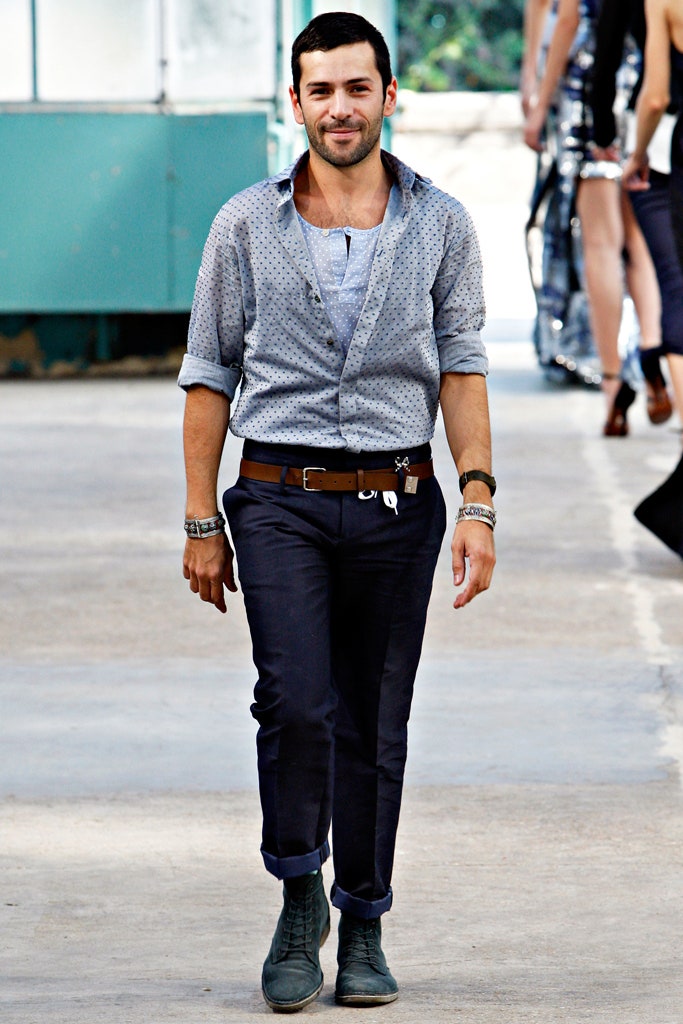 blue printed shirt with black pants