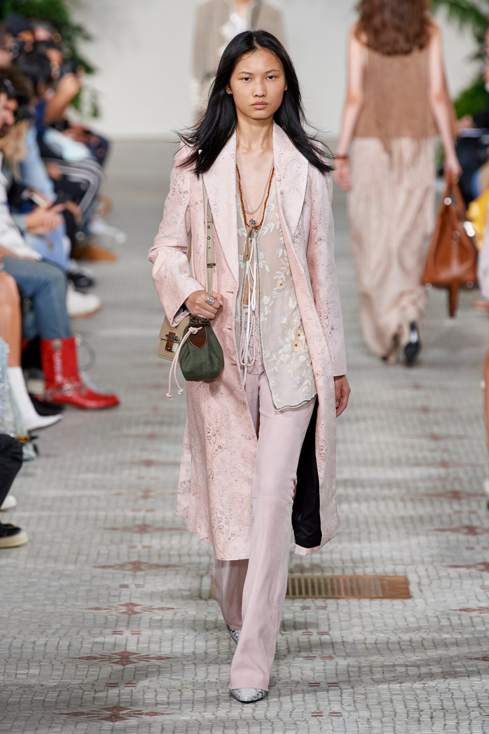 pink silk long-sleeve collared relaxed embroidered coat