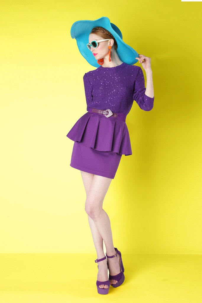 purple sequined top with peplum skirt