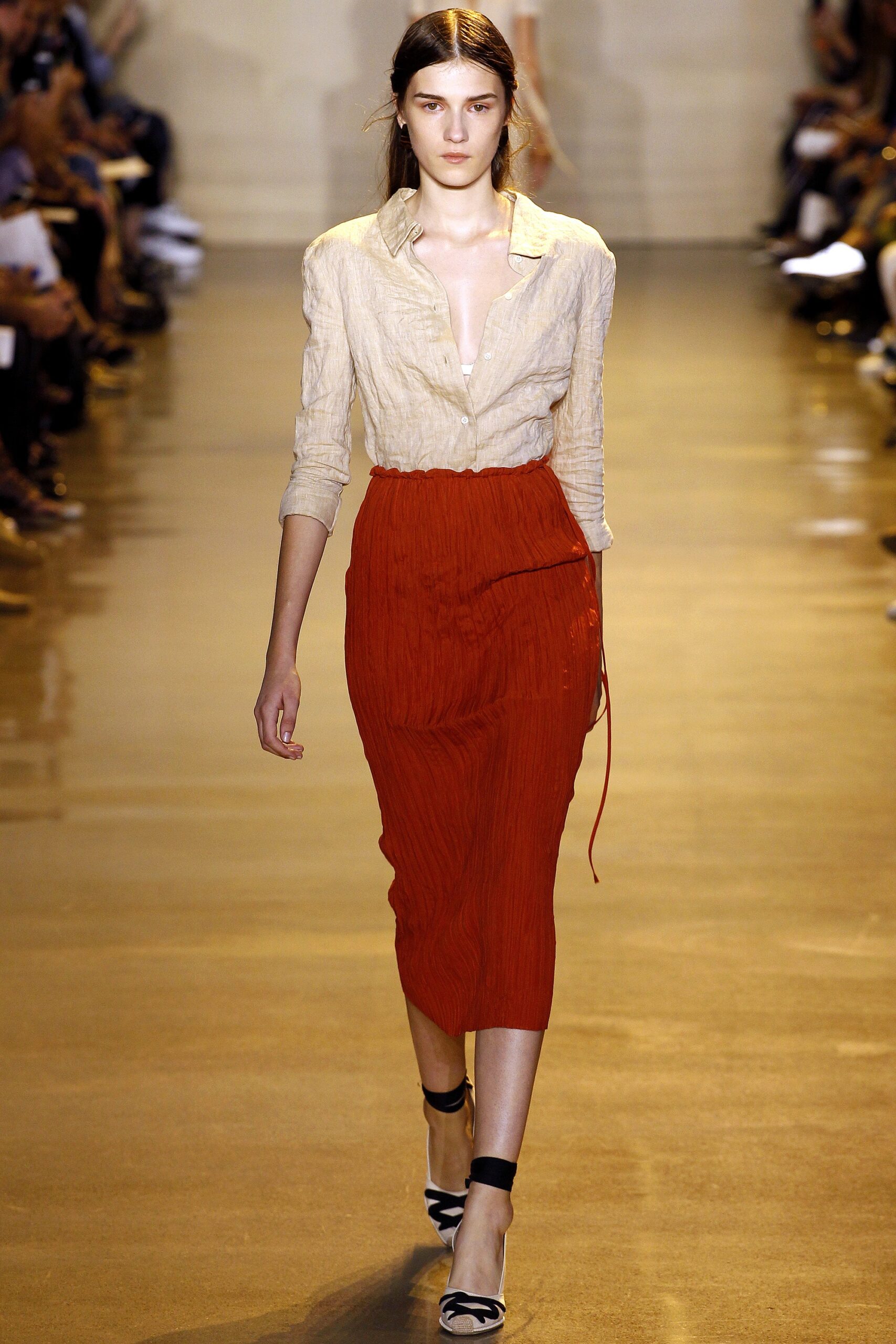beige shirt and red midi skirt