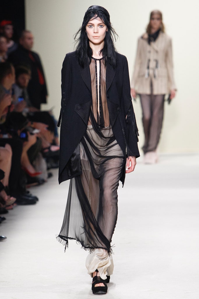 black silk long-sleeve collared relaxed layered fringed coat