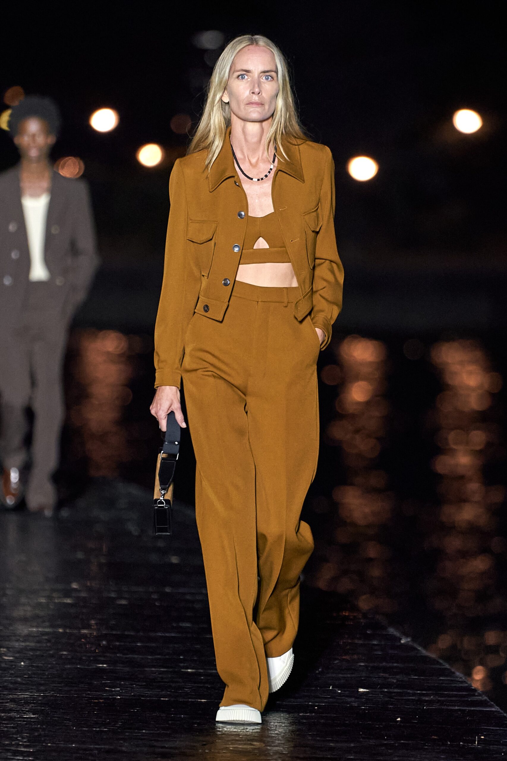 brown fitted jacket and pants