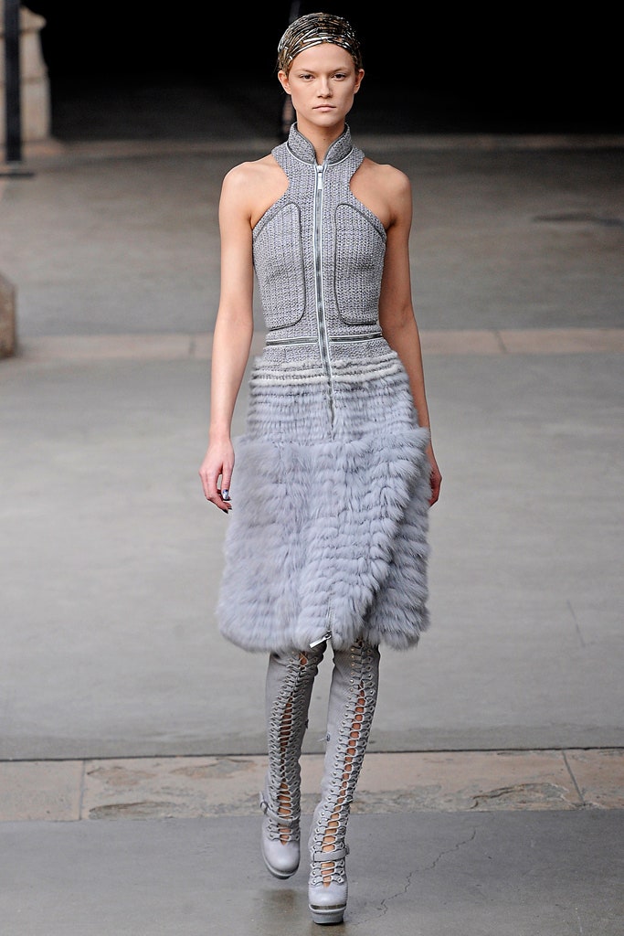 gray wool sleeveless high-neck fitted zippered layered dress