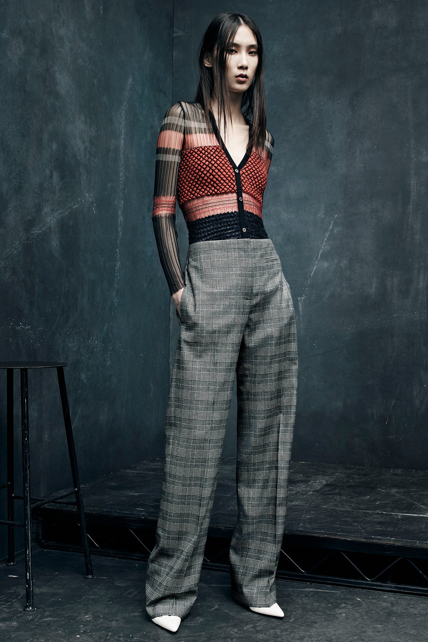 red cotton long-sleeve v-neck fitted striped embroidered top