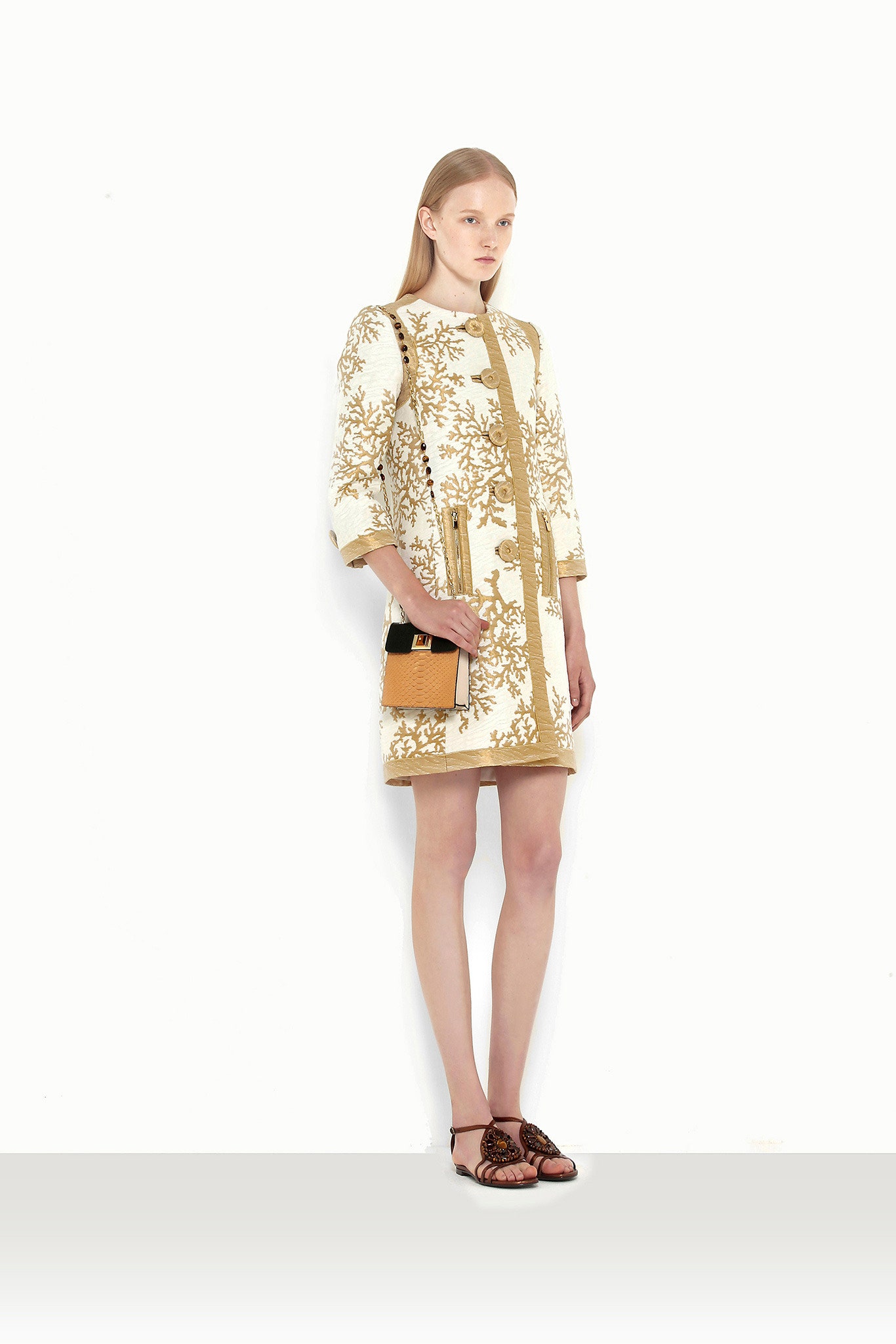 white cotton long-sleeve collared fitted embroidered straight-leg dress