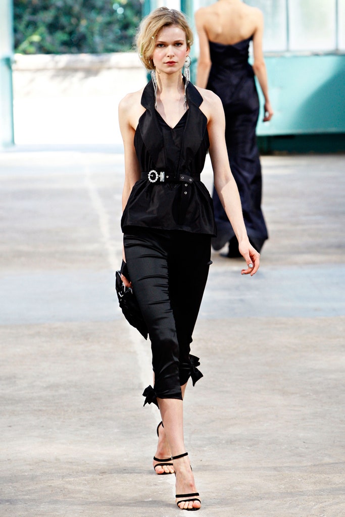 black silk sleeveless v-neck fitted belted top