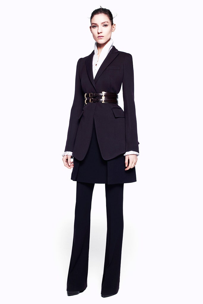 black tailored blazer with gold belt