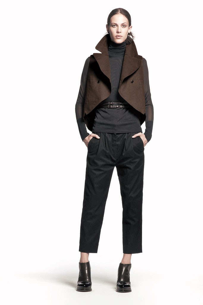 brown wool long-sleeve collared structured buttoned vest