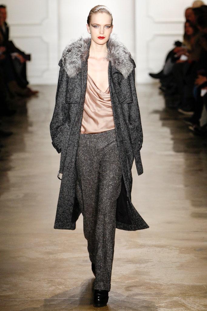 gray wool coat with beige silk top