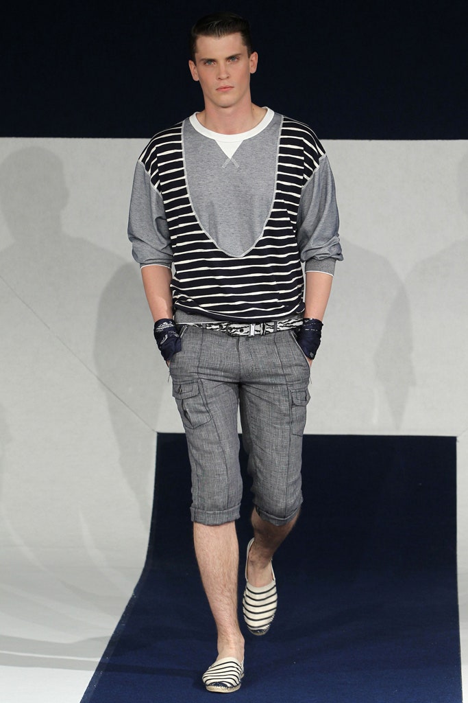 gray striped top with cargo shorts
