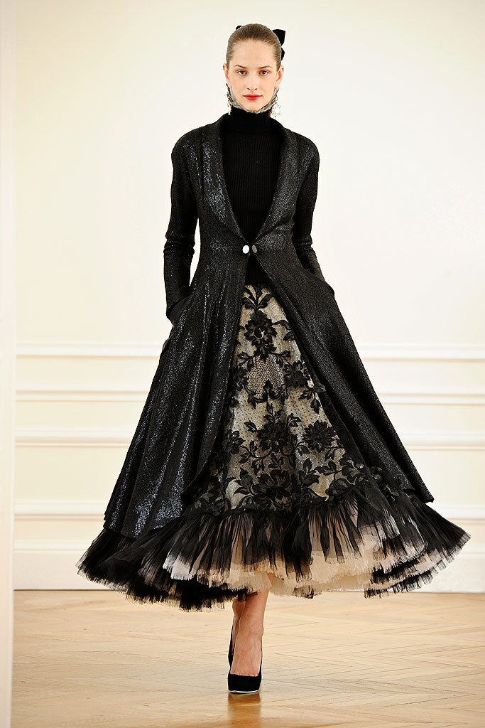 black silk coat and flared skirt