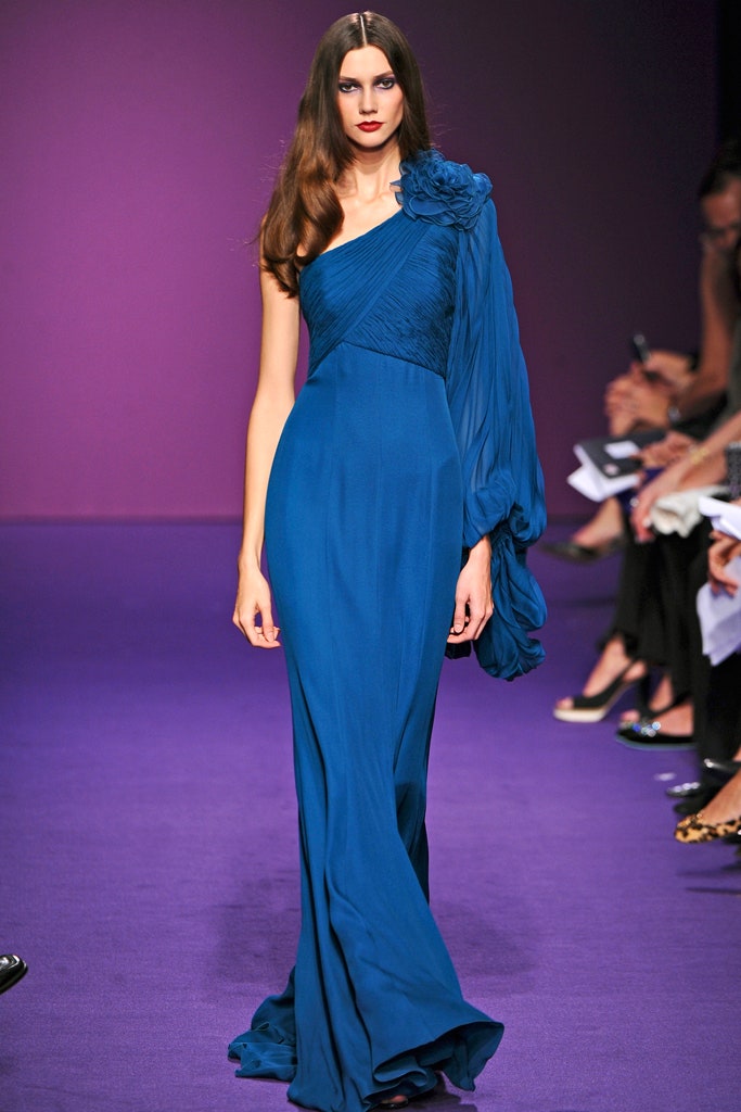 blue silk fitted gown