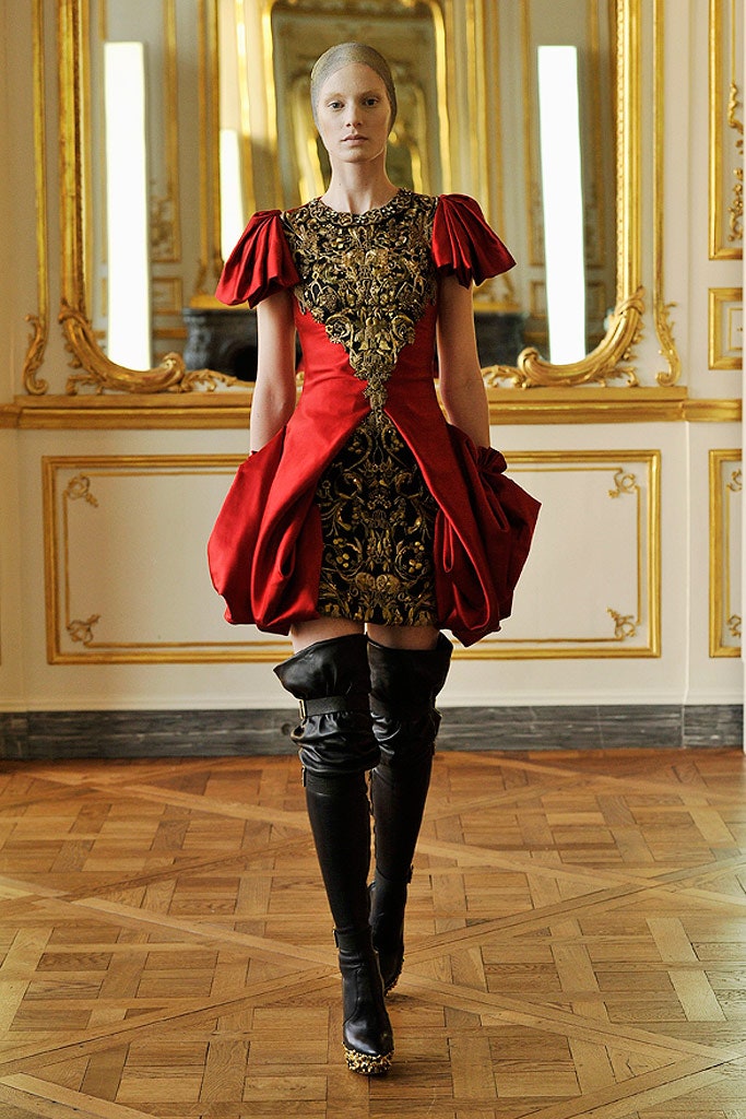 red embroidered mini dress with boots