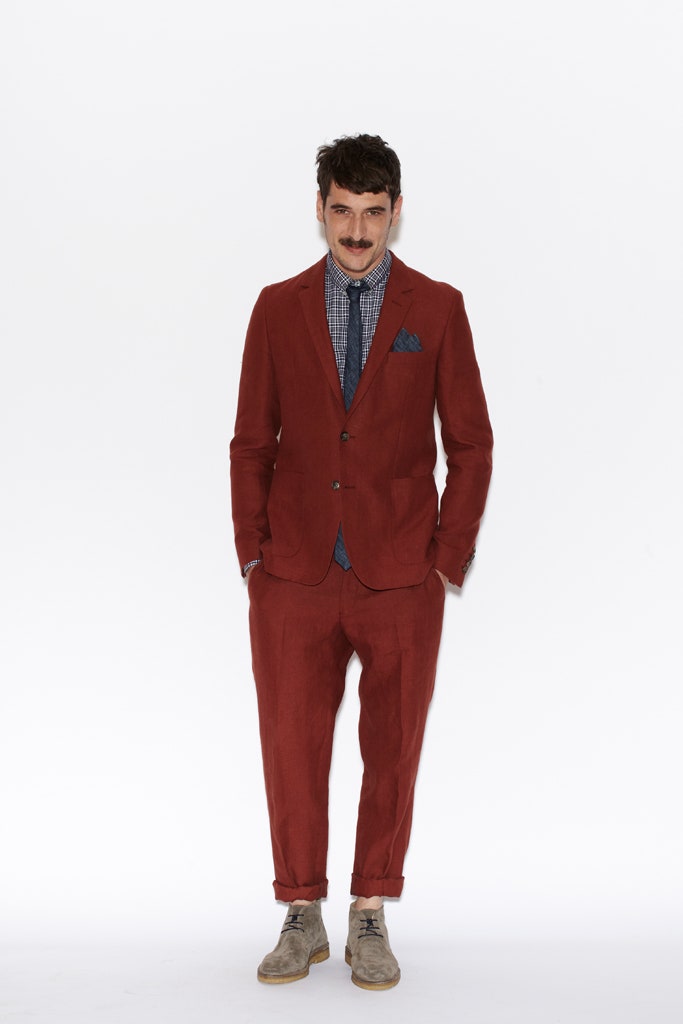 red cotton long-sleeve collared tailored buttoned suit
